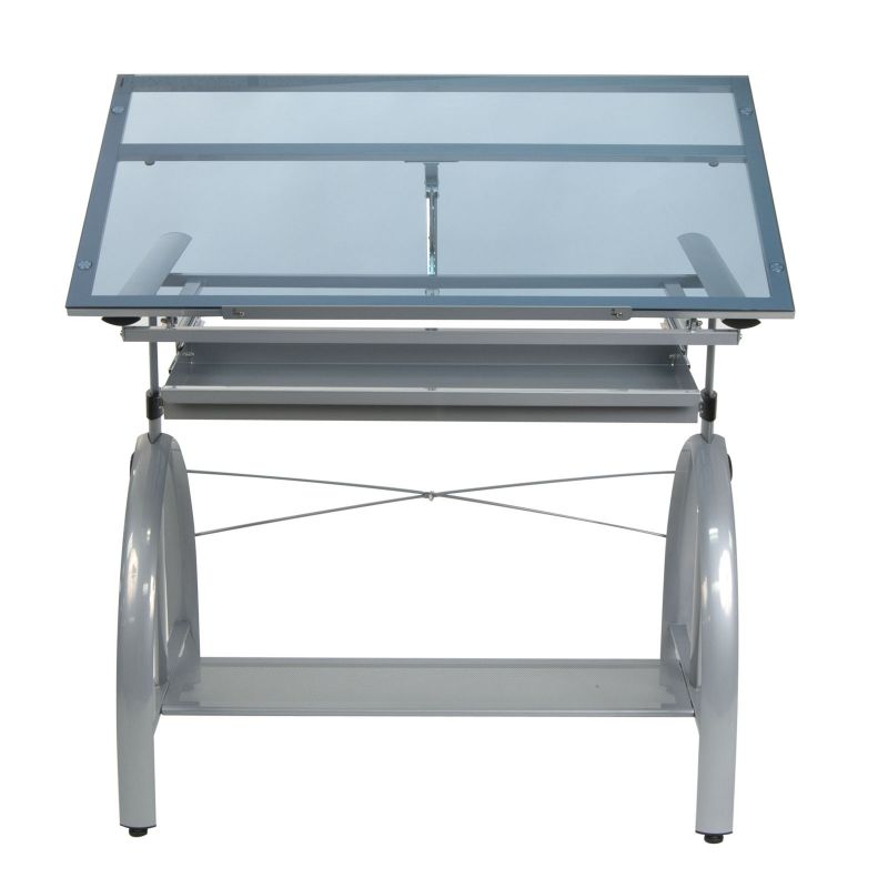 Avanta Metal And Glass Height Adjustable Drafting Desk In Silver/Blue Glass