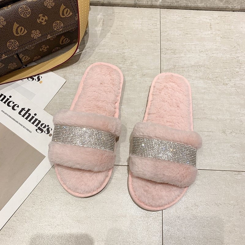 Rhinestone Faux Fur Slippers - Pink