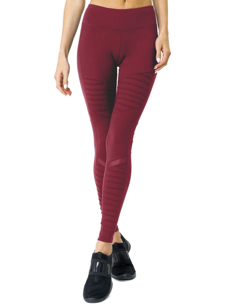 Athletique Low-Waisted Ribbed Leggings With Hidden Pocket And Mesh Panels - Red