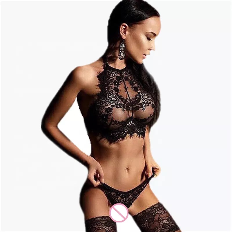 New Design Sexy Lace Yarn Satin Underwear Embroidery Sexy Underwear Transparent Lingerie-Black Color Black Size Small