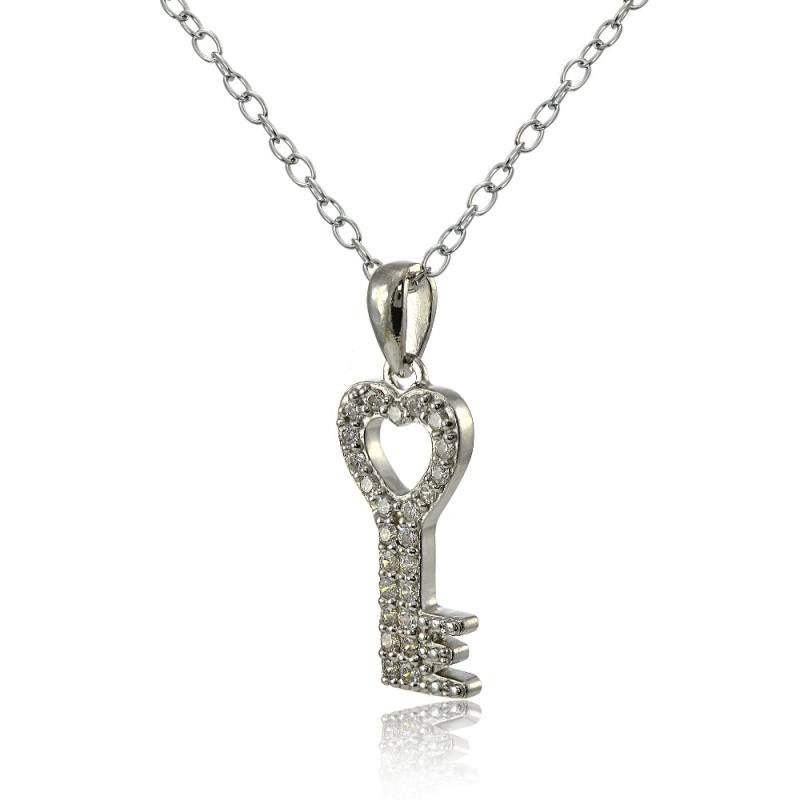 Sterling Silver Cubic Zirconia Heart Key Necklace