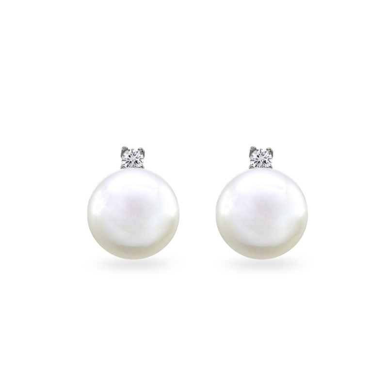 Sterling Silver Created White Pearl Drop Stud Earrings With Cz Accents