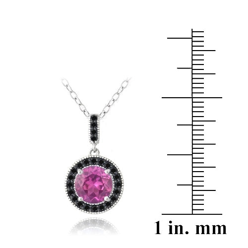 Sterling Silver 3.25Ct Created Pink Sapphire & Black Spinel Round Necklace