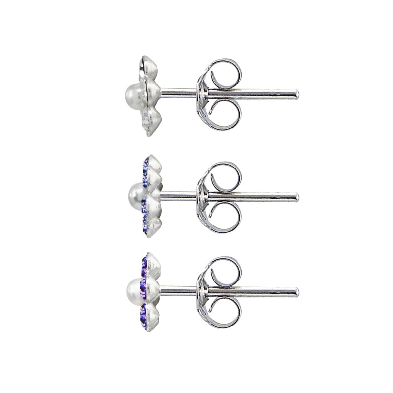 Sterling Silver Polished Flower Clear, Purple & Blue 3 Pair Stud Earrings Box Set