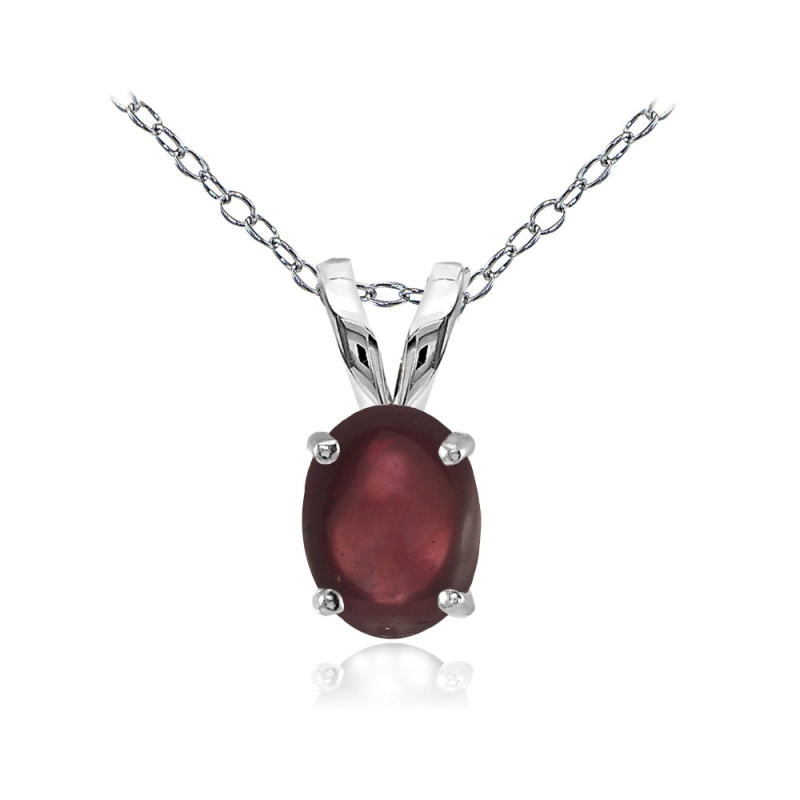 Sterling Silver Created Cabochon Garnet 8X6mm Oval Solitaire Pendant Necklace