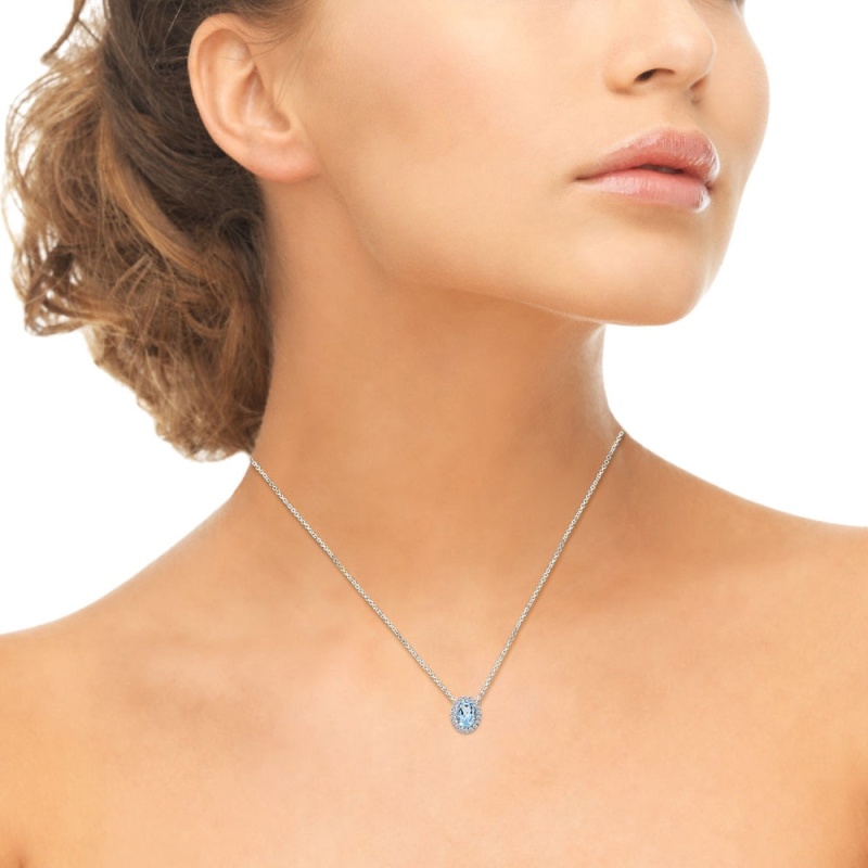 Sterling Silver Blue Topaz Oval Halo Slide Pendant Necklace With Cz Accents
