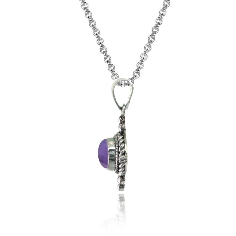 Sterling Silver Created Cabochon Amethyst Oval Oxidized Bali Bead Twist Rope Necklace