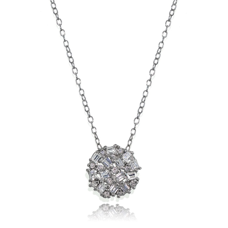 Sterling Silver Baguette And Round-Cut Cubic Zirconia Cluster Round Circle Necklace