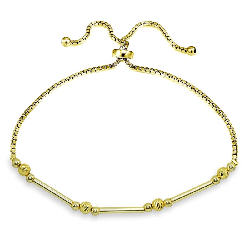 Yellow Gold Flashed Sterling Silver Polished Bar Diamond-Cut Beads Adjustable Chain Bolo Bracelet