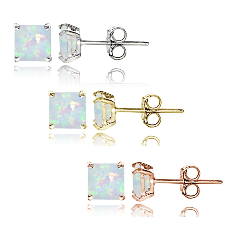 Sterling Silver Tri Color Created White Opal 4Mm Square Earrings Set Of 3