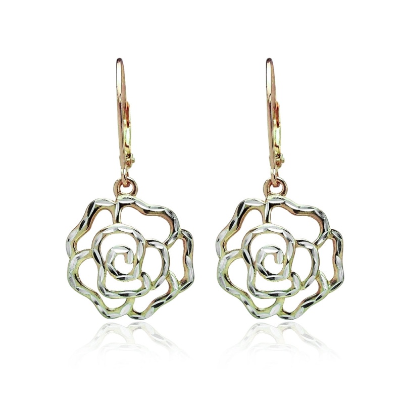 Yellow Gold Flashed Sterling Silver Two-Tone Diamond-Cut Rose Flower Dangle Leverback Earrings