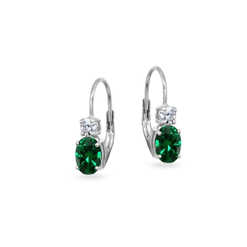 Sterling Silver Simulated Emerald 7X5mm Oval-Cut And 3Mm Round-Cut Cz Dainty Leverback Earrings