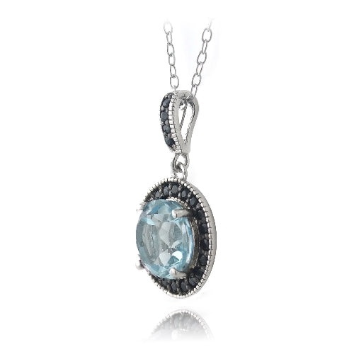 Sterling Silver 3.25Ct Blue Topaz & Black Spinel Round Necklace