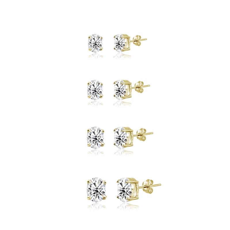 4-Pair Set Yellow Gold Flash Sterling Silver Cubic Zirconia Oval Stud Earrings, 5X3mm 6X4mm 7X5mm 8X6mm