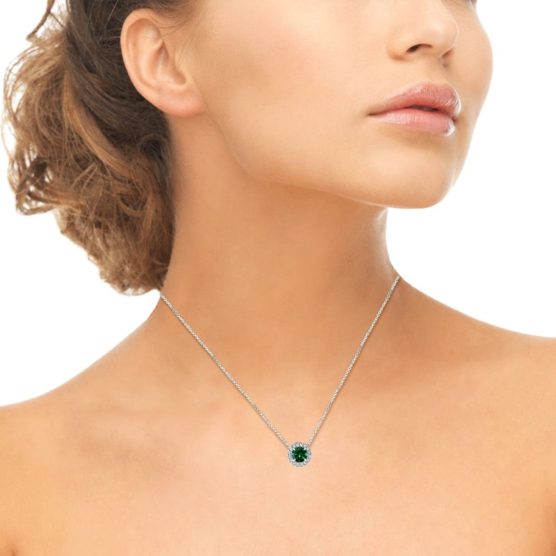 Sterling Silver Created Emerald And White Topaz Round Halo Necklace