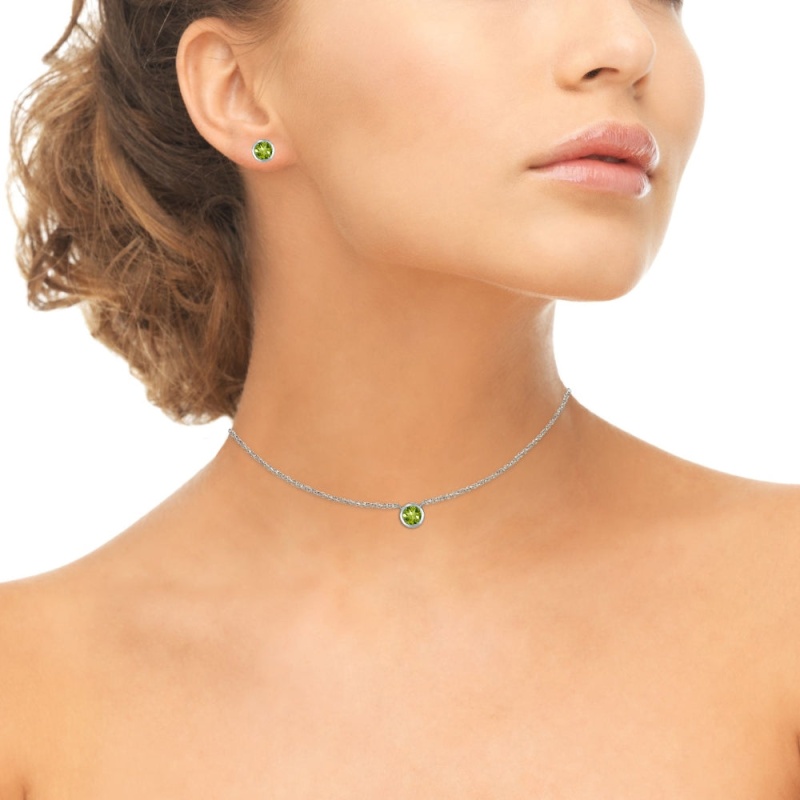 Sterling Silver Peridot 5Mm Round Bezel-Set Solitaire Small Dainty Choker Necklace And Stud Earrings Set