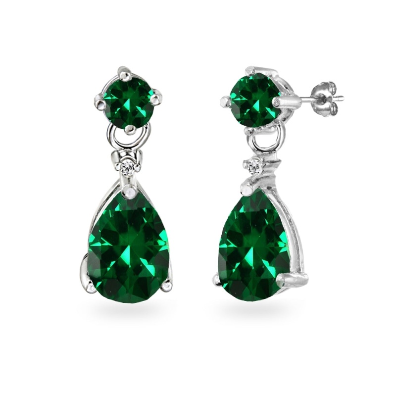 Sterling Silver Simulated Emerald Teardrop Dangle Earrings