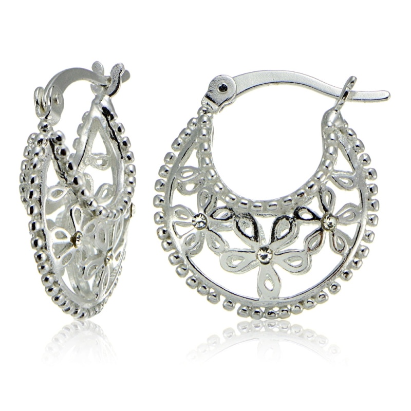 Sterling Silver Polished Filigree Flower Hoop Earrings With Cz Accents