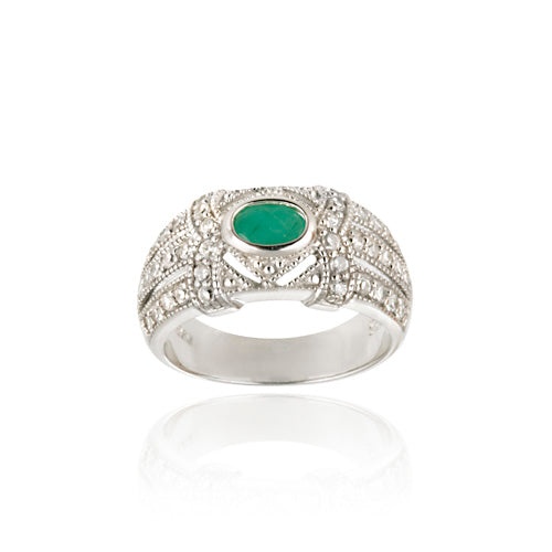 Sterling Silver Emerald & Cz Vintage Band Ring - 7