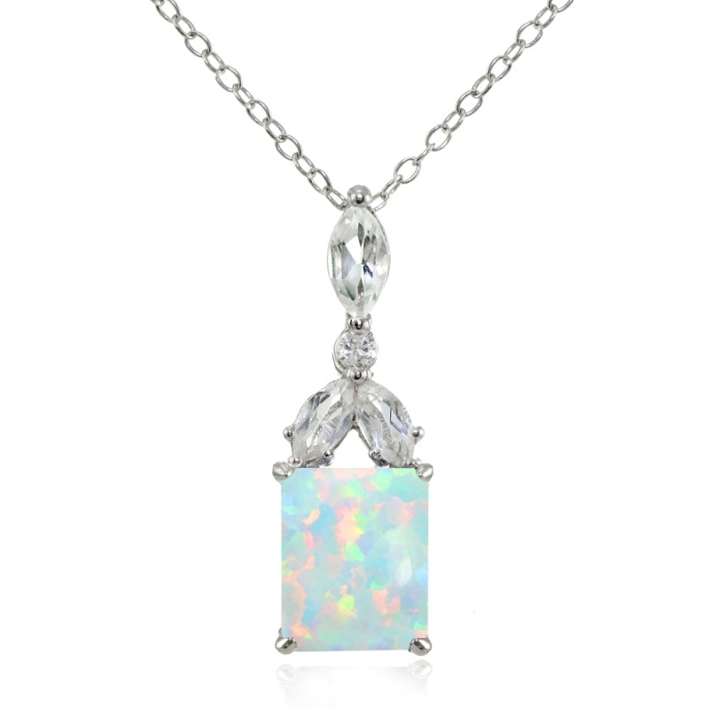 Sterling Silver Created White Opal And White Topaz Emerald-Cut Necklace