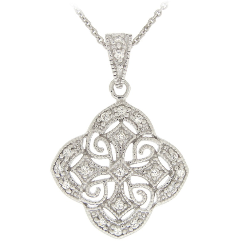 Sterling Silver Cz Filigree Flower Necklace