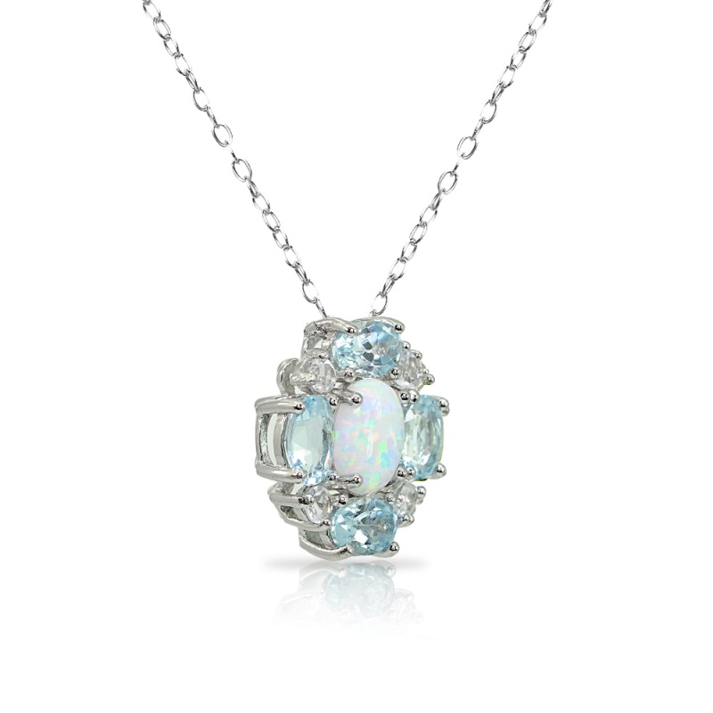 Sterling Silver Created Opal And Blue Topaz Oval Necklace With White Topaz Accents