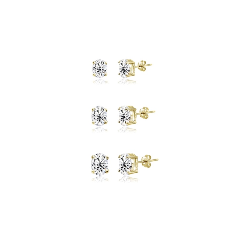 3-Pair Set Yellow Gold Flash Sterling Silver Cubic Zirconia Oval Stud Earrings, 5X3mm 6X4mm 7X5mm