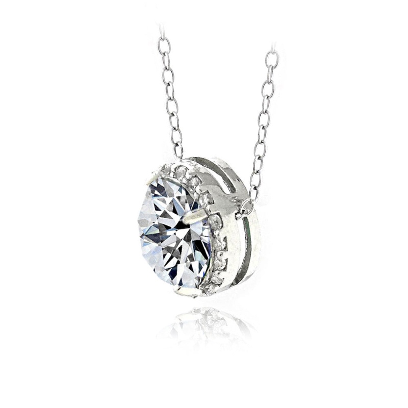 Platinum Plated Sterling Silver 100 Facets Cubic Zirconia Halo Necklace (3Cttw)