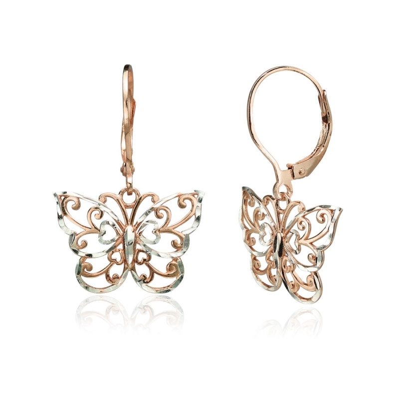 Rose Gold Flashed Sterling Silver Two-Tone Diamond-Cut Filigree Butterfly Dangle Leverback Earrings