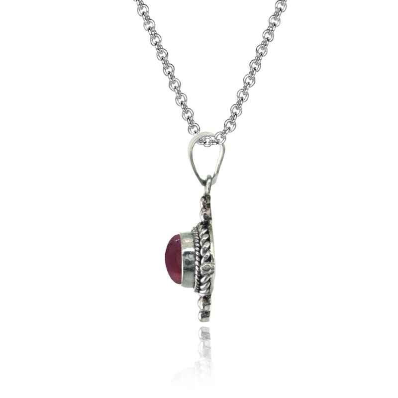 Sterling Silver Created Cabochon Garnet Oval Oxidized Bali Bead Twist Rope Necklace