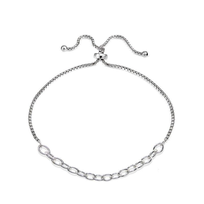 Sterling Silver Polished Pull-String Loop Adjustable Charm Link Chain Bolo Bracelet