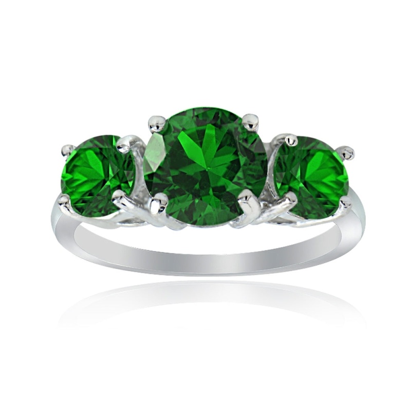 Sterling Silver Created Emerald Round-Cut Three Stone Ring - 6