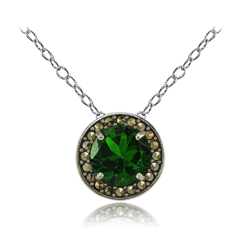 Sterling Silver Created Emerald And Marcasite Halo Necklace