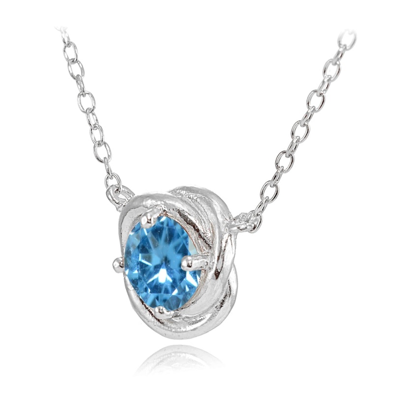Sterling Silver Created Blue Topaz 6Mm Round Love Knot Pendant Necklace