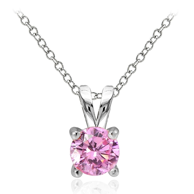 Sterling Silver 1Ct Light Pink Cubic Zirconia 6.5Mm Round Solitaire Necklace
