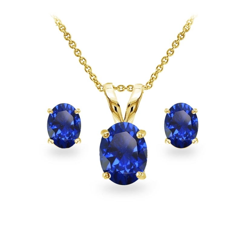 Yellow Gold Flashed Sterling Silver Created Blue Sapphire Oval-Cut Solitaire Necklace And Stud Earrings Set