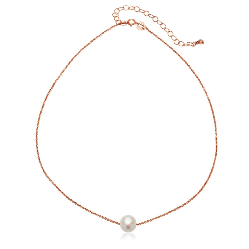 Rose Gold Flashed Sterling Silver Freshwater Cultured Pearl Semi-Round Ball Dainty Choker Necklace