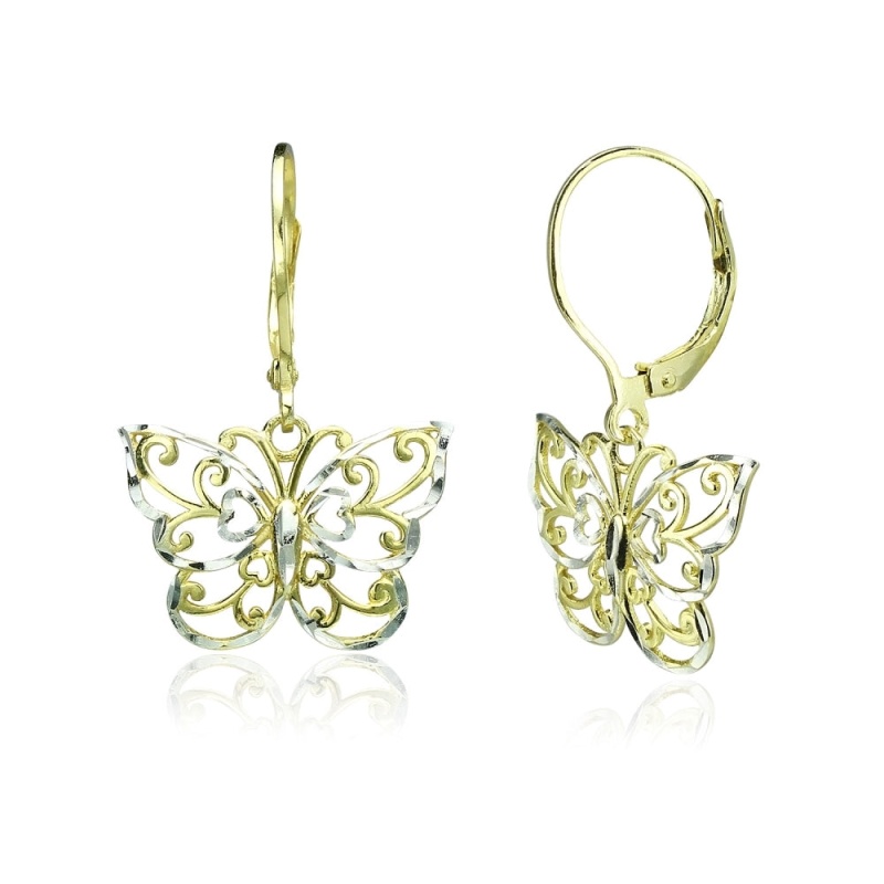 Yellow Gold Flashed Sterling Silver Two-Tone Diamond-Cut Filigree Butterfly Dangle Leverback Earrings