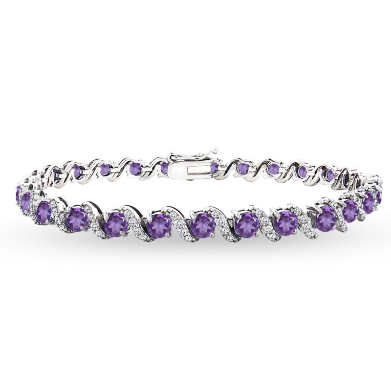 Sterling Silver African Amethyst 4Mm Round-Cut S Design Tennis Bracelet With White Topaz Accents