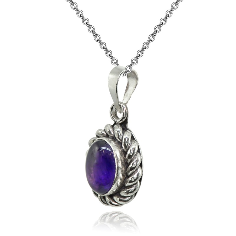 Sterling Silver Created Cabochon Amethyst Oval Oxidized Bali Twist Pendant Necklace