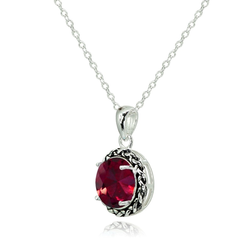 Sterling Silver Created Ruby Round Oxidized Rope Pendant Necklace