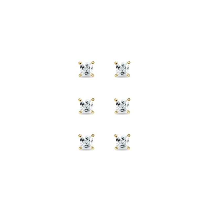 3-Pair Set Yellow Gold Flashed Sterling Silver Cubic Zirconia Princess-Cut 3Mm Square Stud Earrings