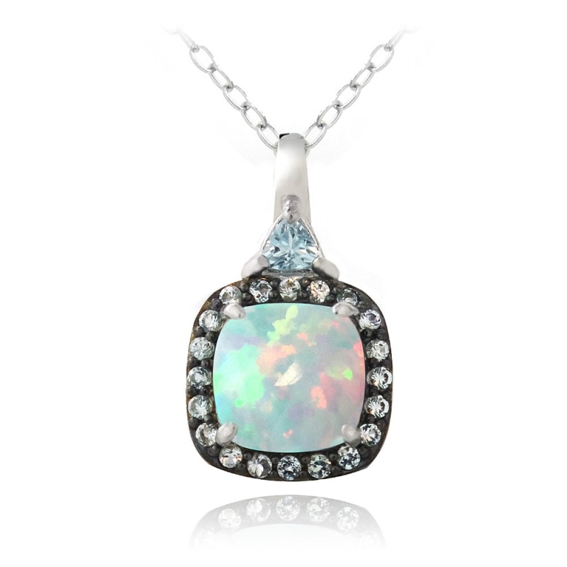 Sterling Silver Created White Opal & Blue Topaz Square Necklace