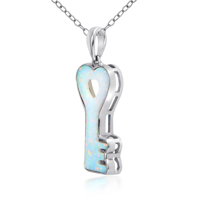 Sterling Silver Created White Opal Heart Key Necklace