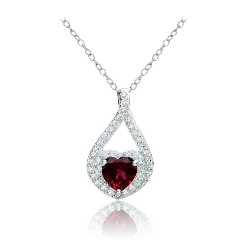 Sterling Silver Created Ruby And White Topaz Heart Twist Necklace