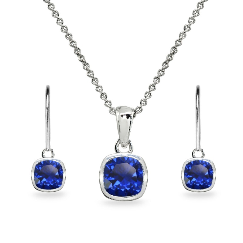 Sterling Silver Created Blue Sapphire Cushion-Cut Bezel-Set Necklace & Dangle Leverback Earrings Set