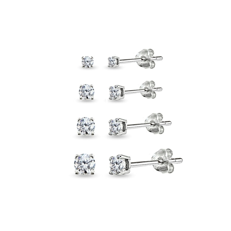 4 Pair Set Sterling Silver Cubic Zirconia Round Stud Earrings, 2Mm 3Mm 4Mm 5Mm