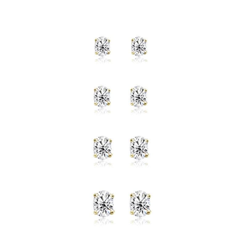 4-Pair Set Yellow Gold Flash Sterling Silver Cubic Zirconia Oval Stud Earrings, 5X3mm 6X4mm 7X5mm 8X6mm
