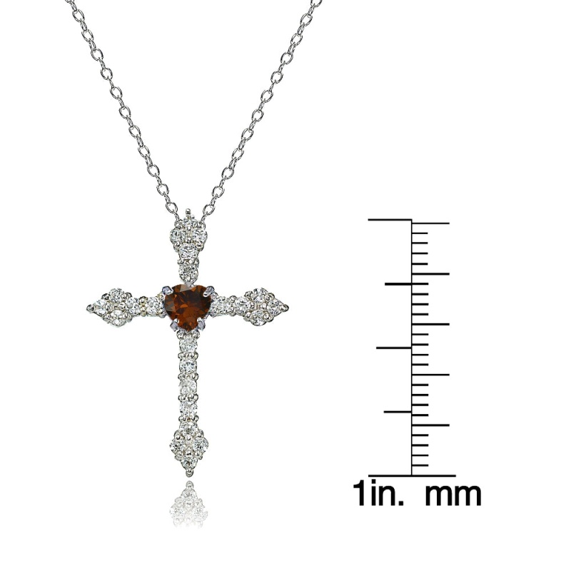 Sterling Silver Garnet & White Topaz Heart Orthodox Cross Necklace