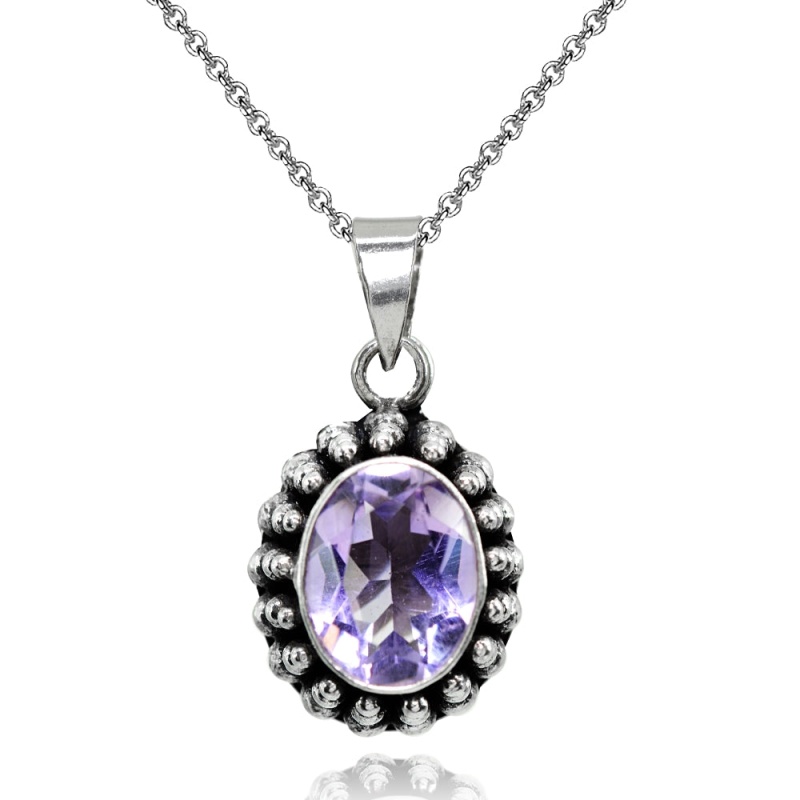 Sterling Silver Created Amethyst Oval Oxidized Thick Bali Bead Pendant Necklace